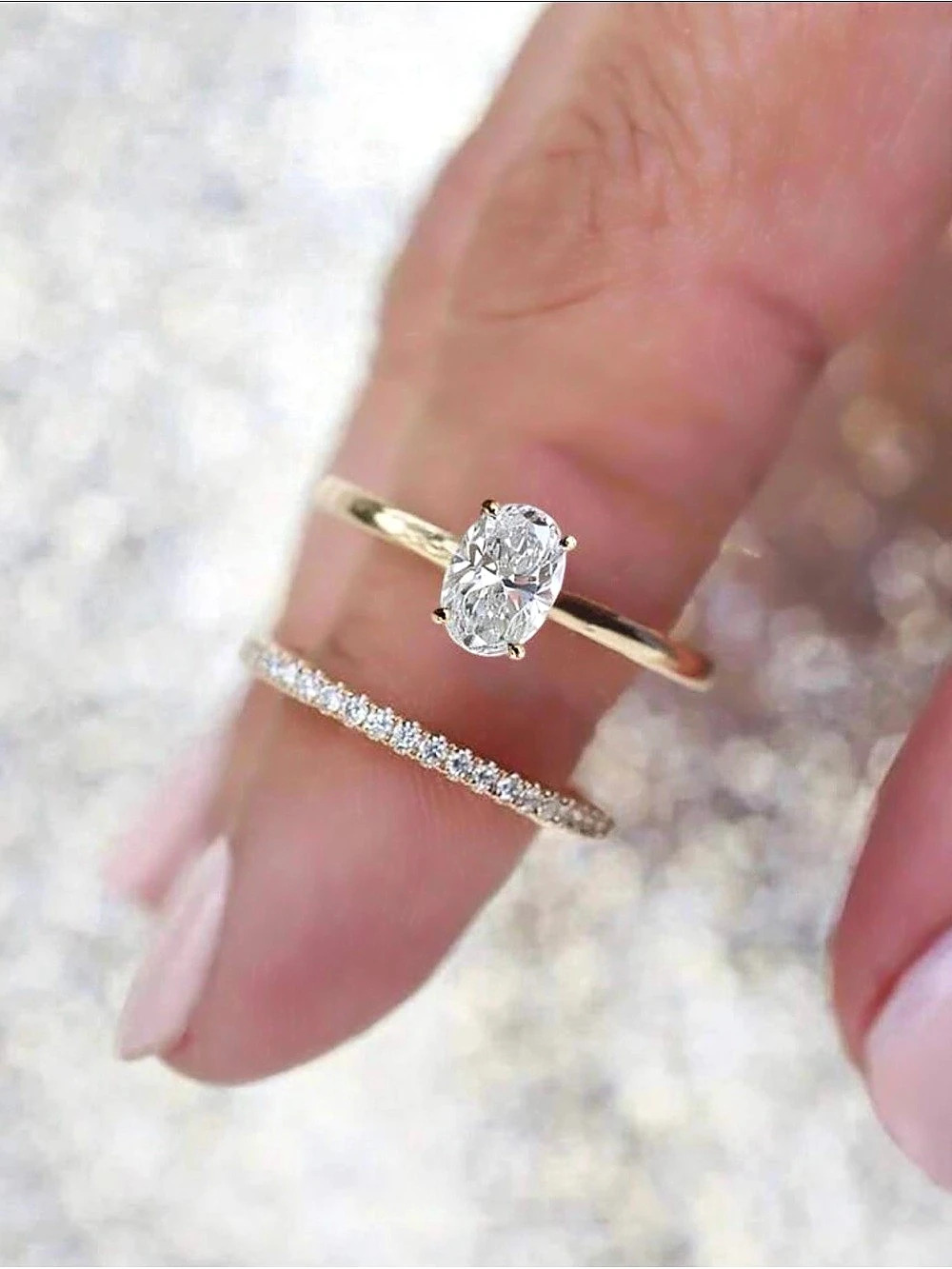💍Wedding 10k Gold Oval Stone Ring Set in Silver & Gold